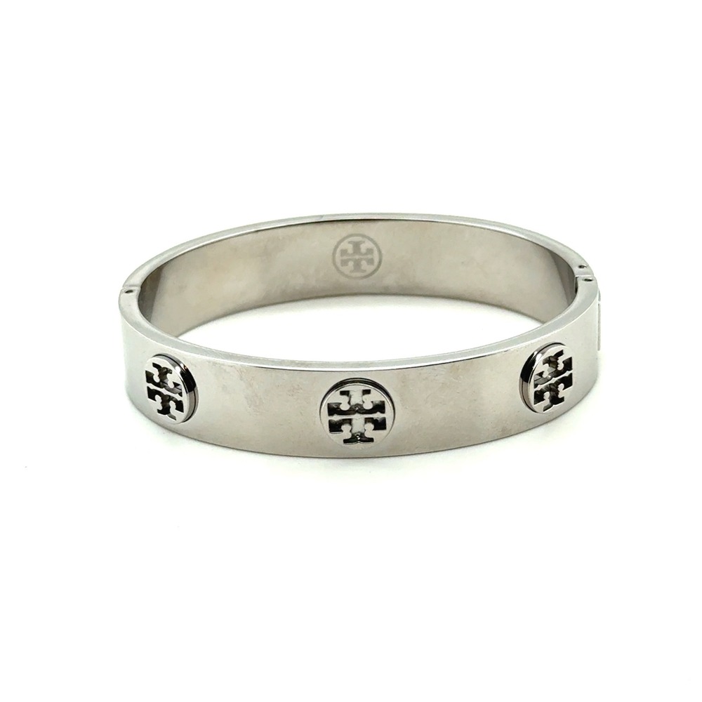 Tory Burch Miller Stud Hinge Bangle‎ Bracelet Silver Tone Double T Logo 6.5in